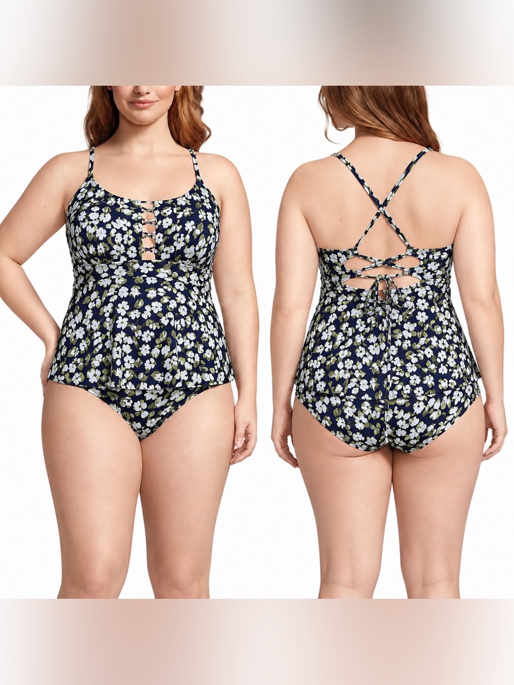Lands’ End Lace-Up Floral Tankini Swim Top Navy Multi Floral Blooms 20W NWT